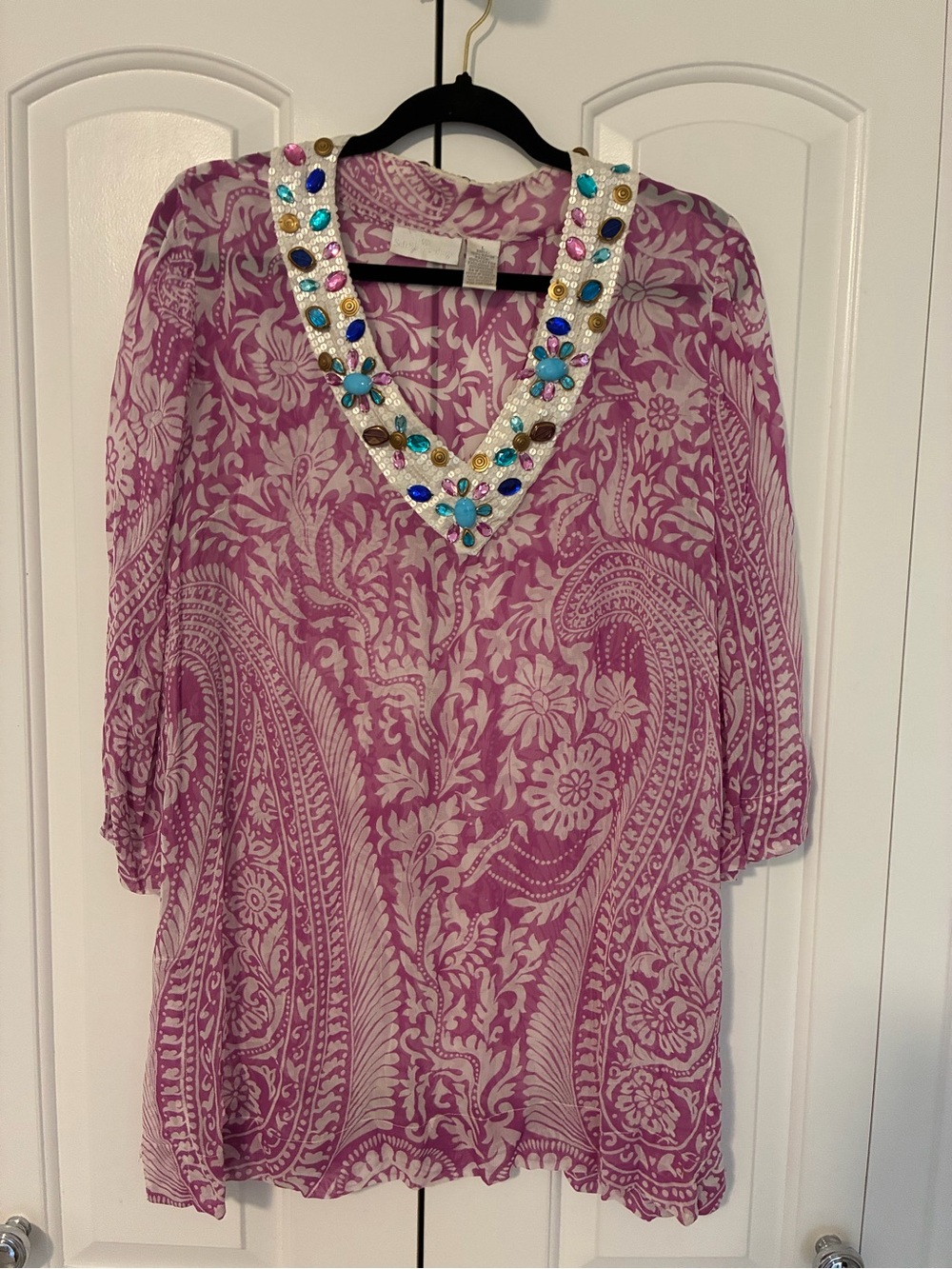 Soft Surroundings  Embellished Sheer Paisley Swim Cover Up Tunic Size L